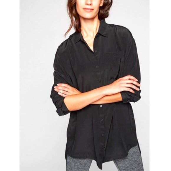 ATHLETA Washable Silk Button Front Tunic Shirt, Black S - Picture 2 of 10